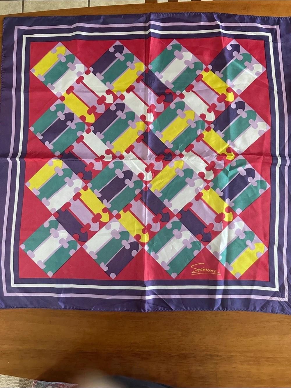 Multicolor Geometric Silk Scarf - Bright Red, Green & Yellow